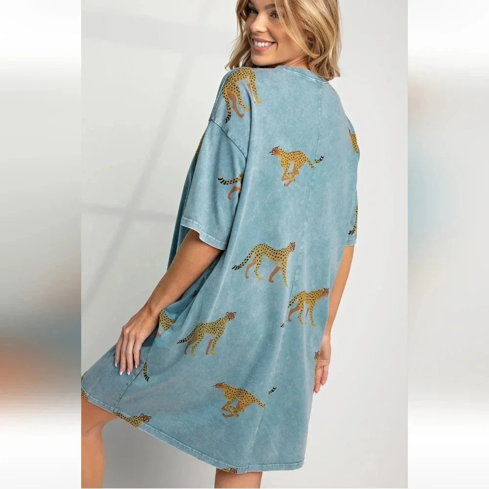 Easel Cheetah Print Mineral Washed T-Shirt Dress New - Picture 4 of 5